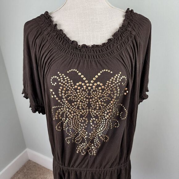 AVENUE WOMEN'S PLUS SIZE TUNIC SIZE 18/20 BROWN WITH GOLD DETAIL - Picture 2 of 7